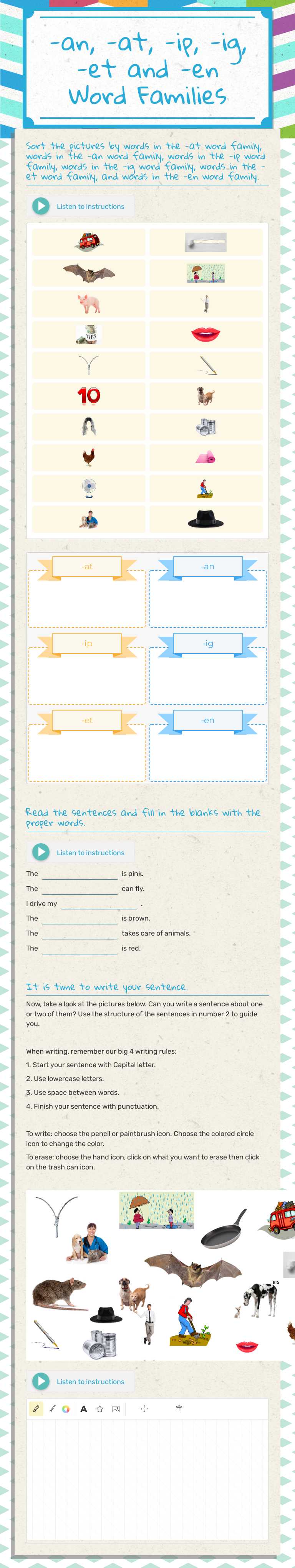 -an, -at, -ip, -ig, -et and -en Word Families worksheet preview image