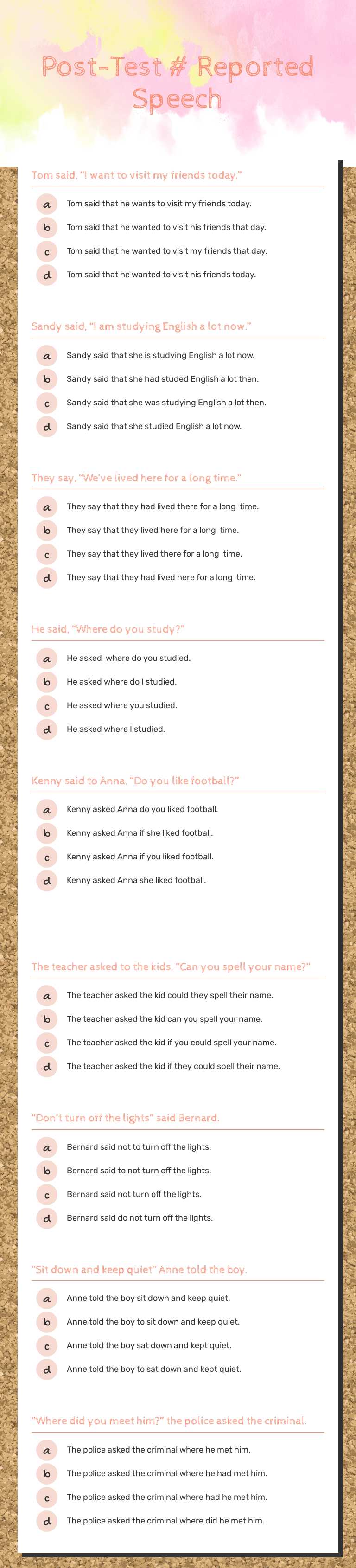 Post-Test # Reported Speech worksheet preview