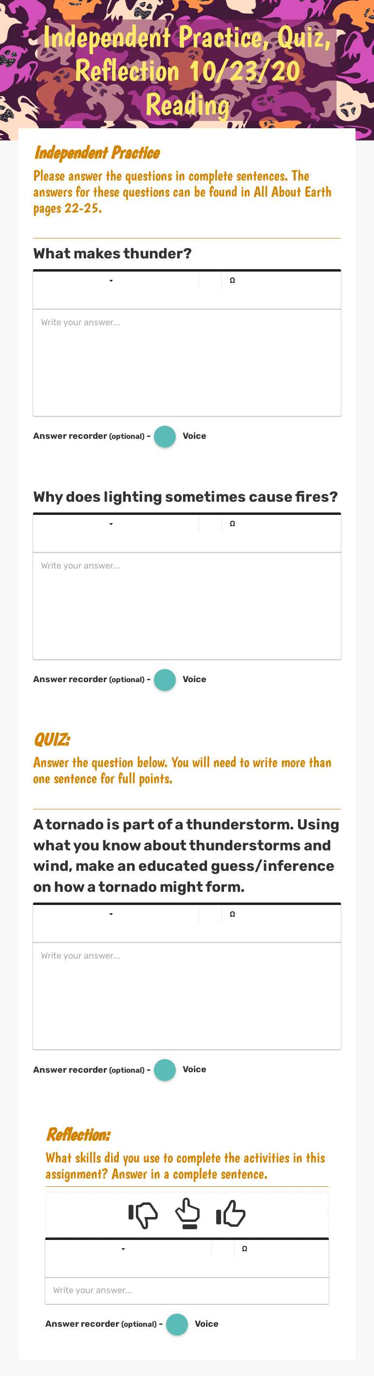 Independent Practice, Quiz, Reflection 10/23/20 Reading Grade 3 worksheet preview