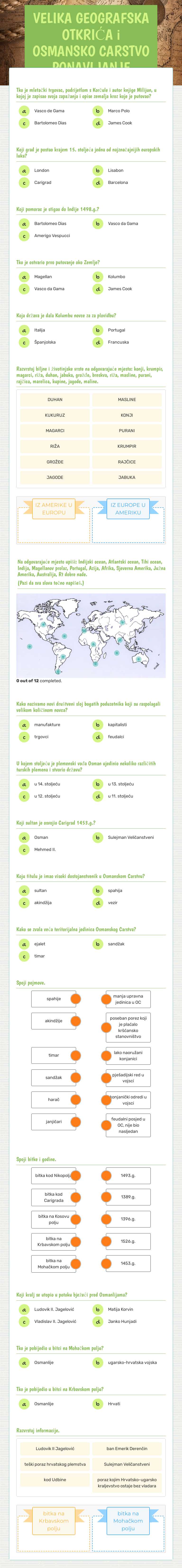 VELIKA GEOGRAFSKA OTKRIĆA i OSMANSKO CARSTVO PONAVLJANJE worksheet preview image