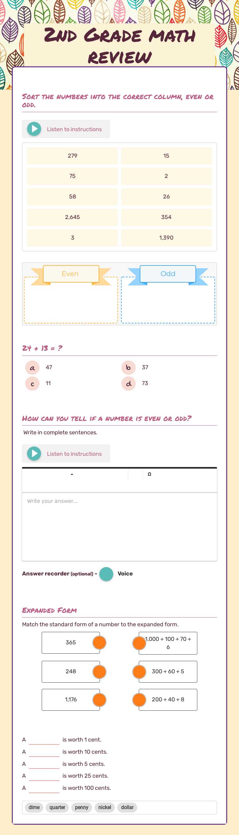 2nd Grade math review Grade 2 worksheet preview