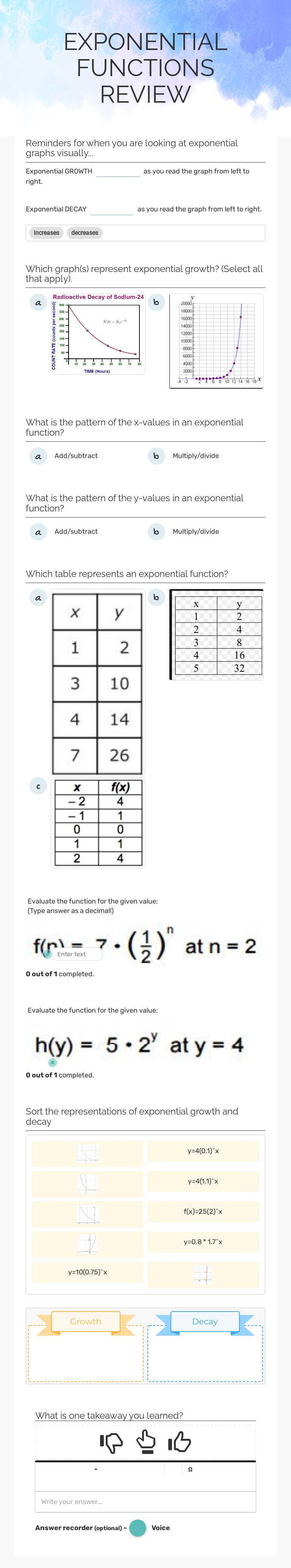 EXPONENTIAL FUNCTIONS REVIEW worksheet preview image