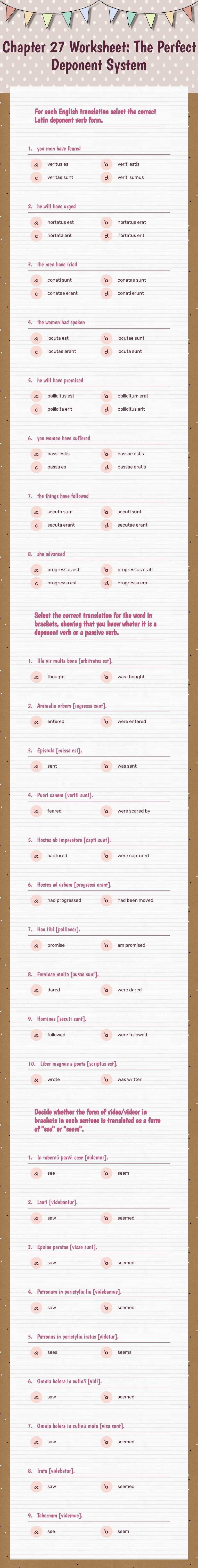 Chapter 27 Worksheet:  The Perfect Deponent System worksheet preview image