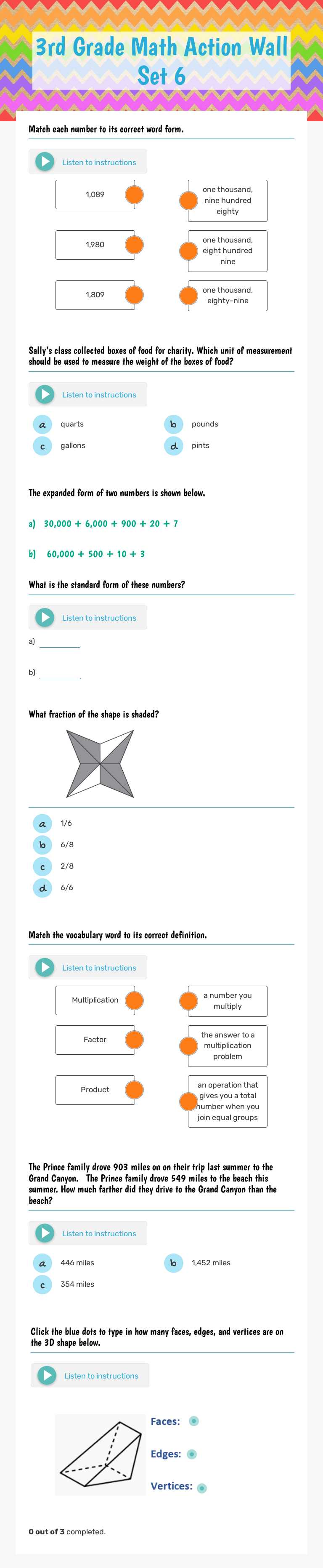 3rd Grade Math Action Wall
 Set 6 worksheet preview image