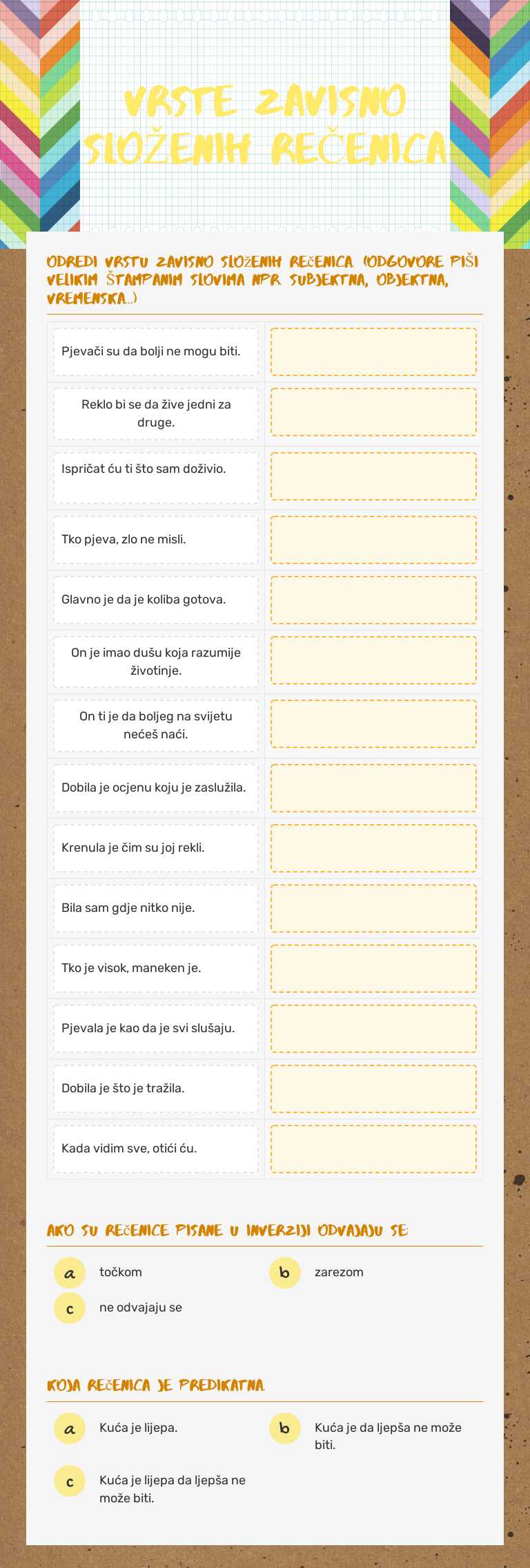 VRSTE ZAVISNO SLOŽENIH REČENICA worksheet preview image