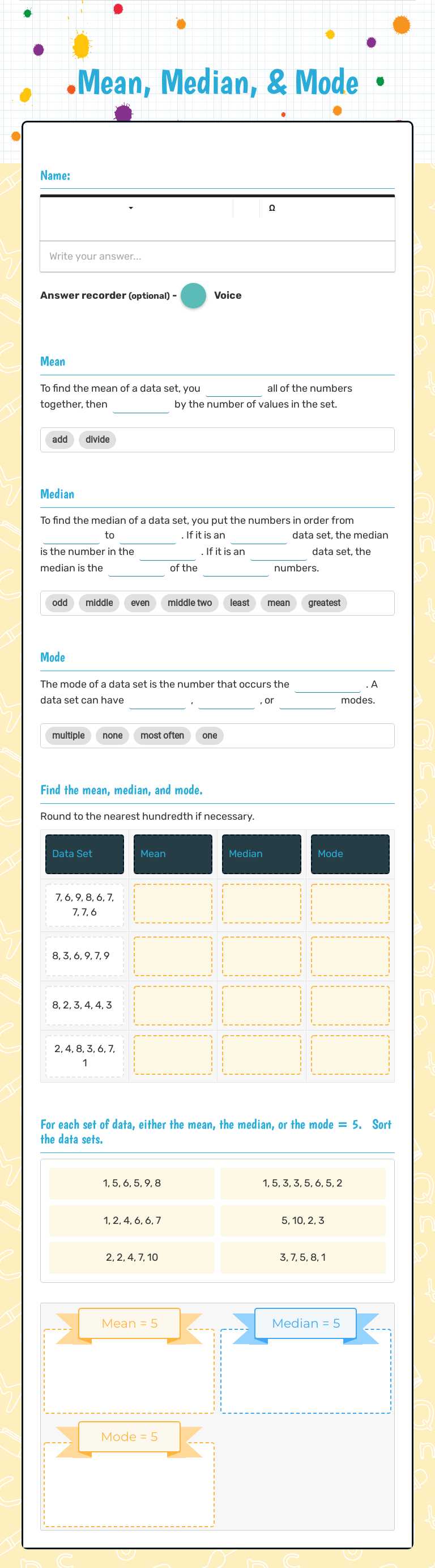 Mean, Median, & Mode worksheet preview image