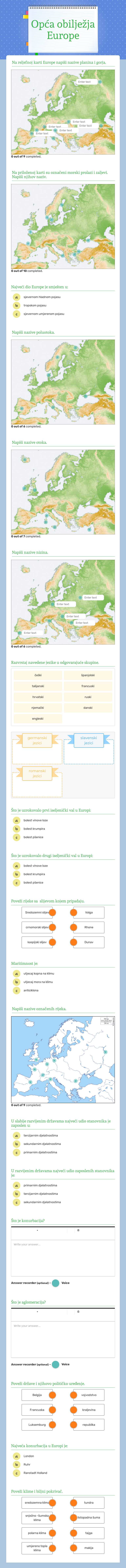 Opća obilježja Europe worksheet preview image