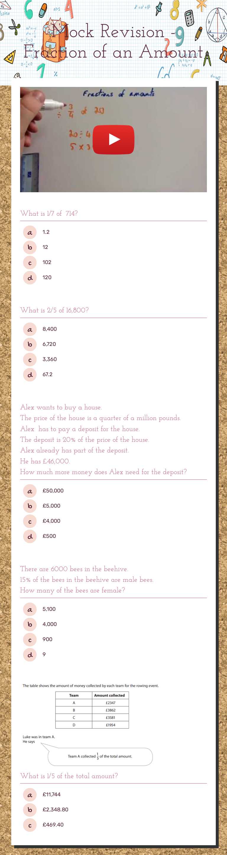 Mock Revision - Fraction of an Amount worksheet preview image