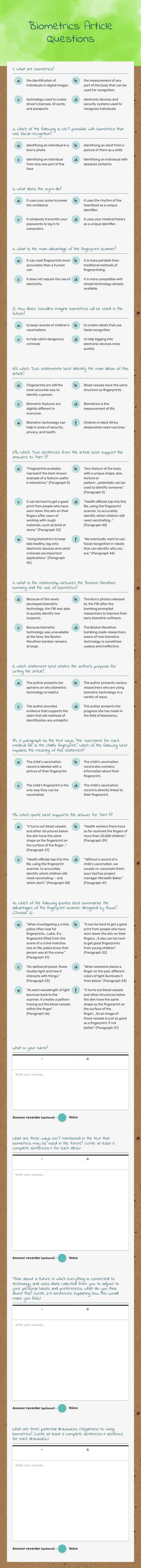 Biometrics Article Questions worksheet preview image