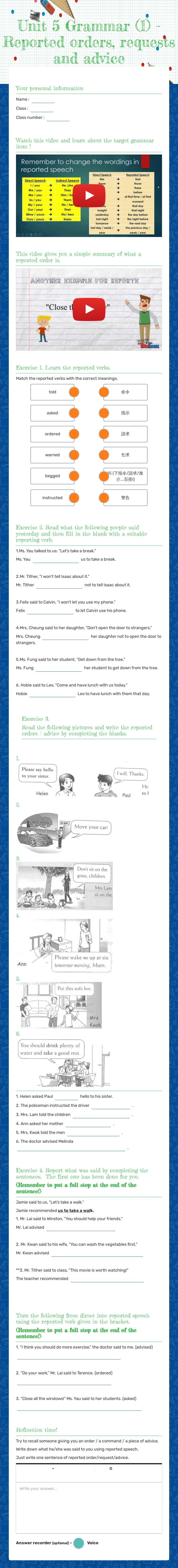 Unit 5 Grammar (1) - Reported orders, requests and advice Grade 6 worksheet preview