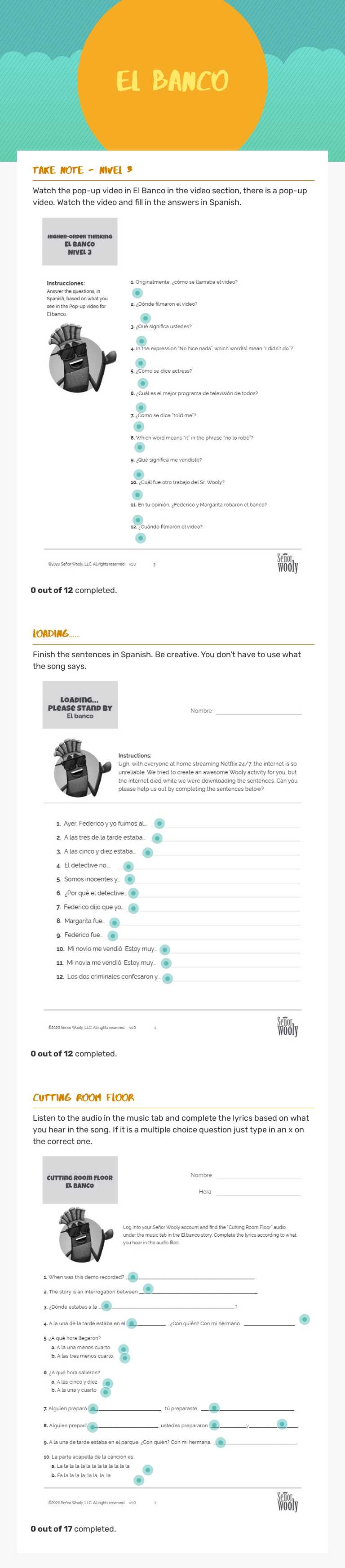 El Banco Grade 5 worksheet preview