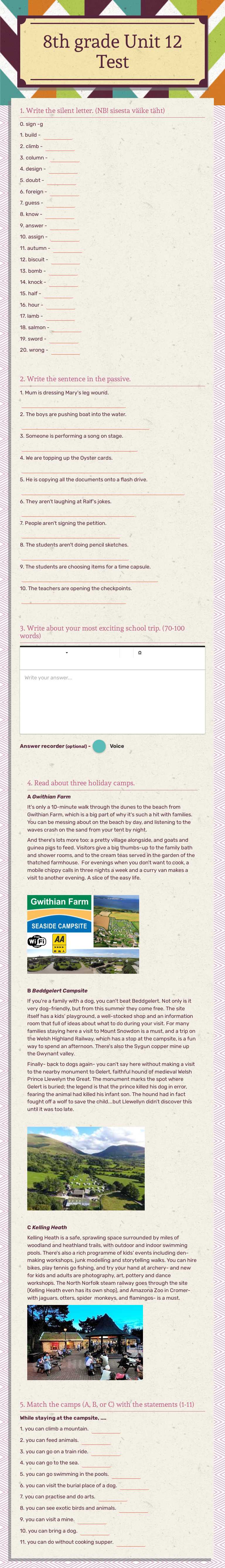 8th grade Unit 12 Test worksheet preview image