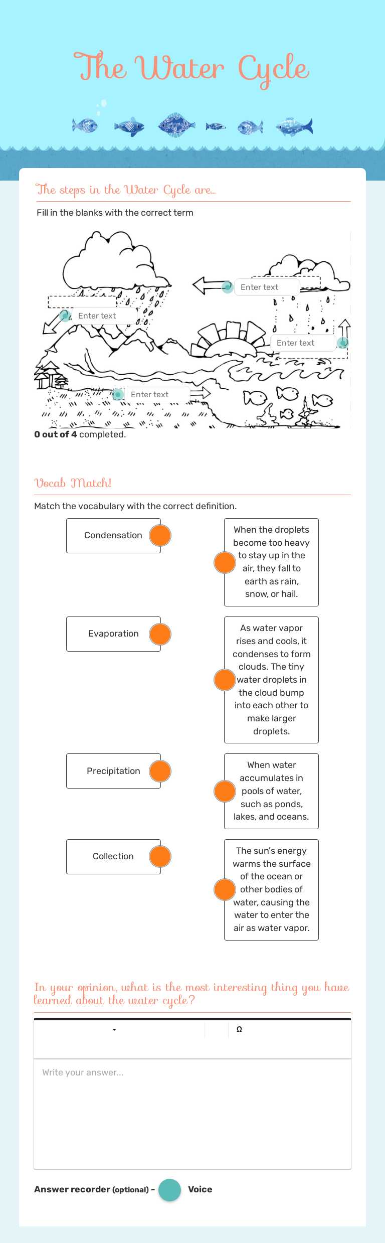 The Water Cycle by Danielle Wiggins | Interactive Worksheet | Wizer.me