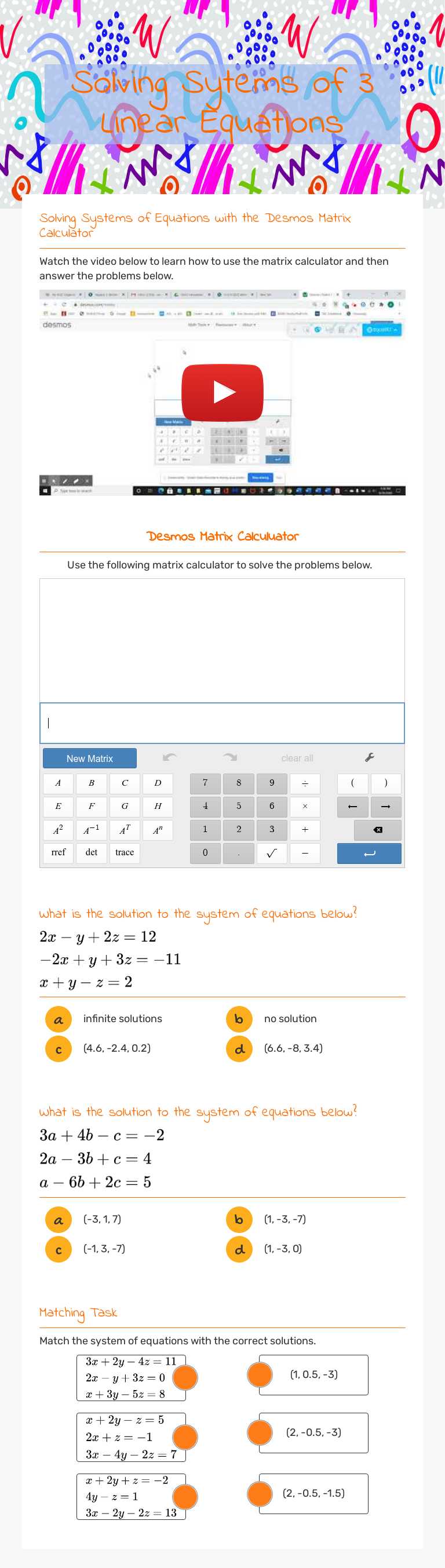 Solving Sytems of 3 Linear Equations worksheet preview image