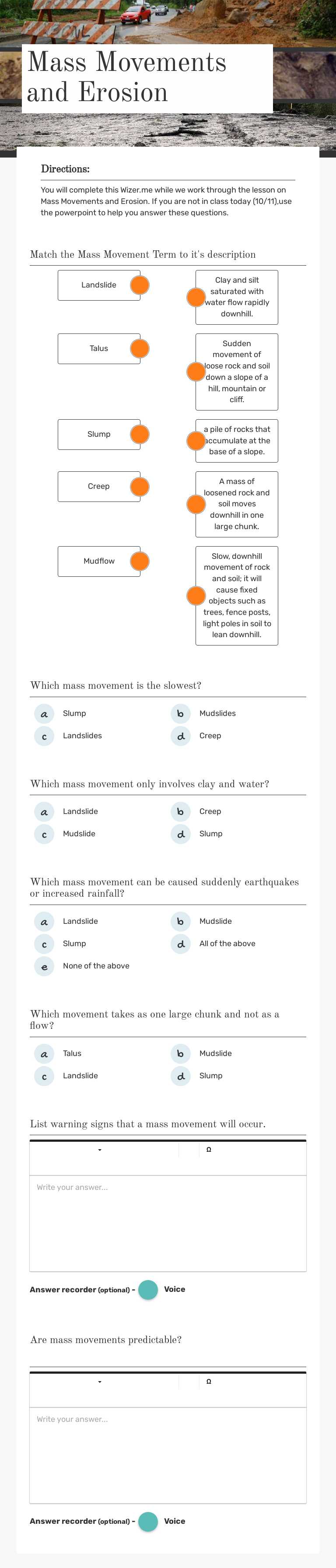 Mass Movements and Erosion Grade 9 worksheet preview