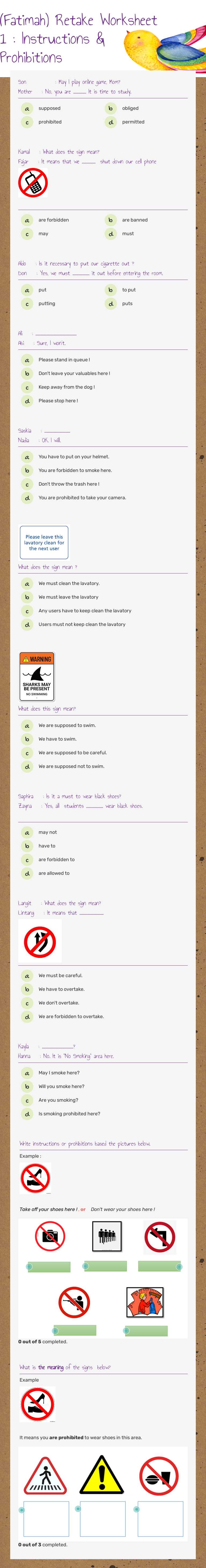 (Fatimah) Retake Worksheet 1 : Instructions & Prohibitions worksheet preview image
