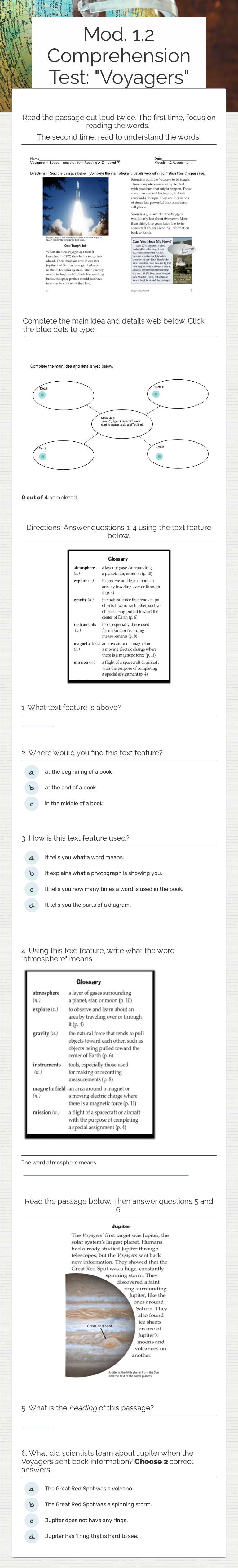 Mod. 1.2 Comprehension Test: "Voyagers" Grade 3 worksheet preview