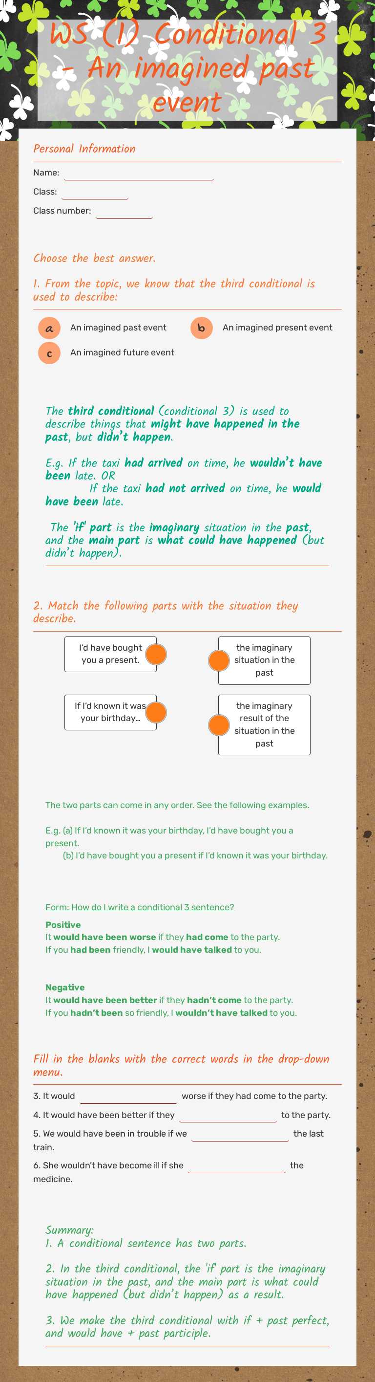 WS (1) Conditional 3 - 
An imagined past event Grade 8 worksheet preview