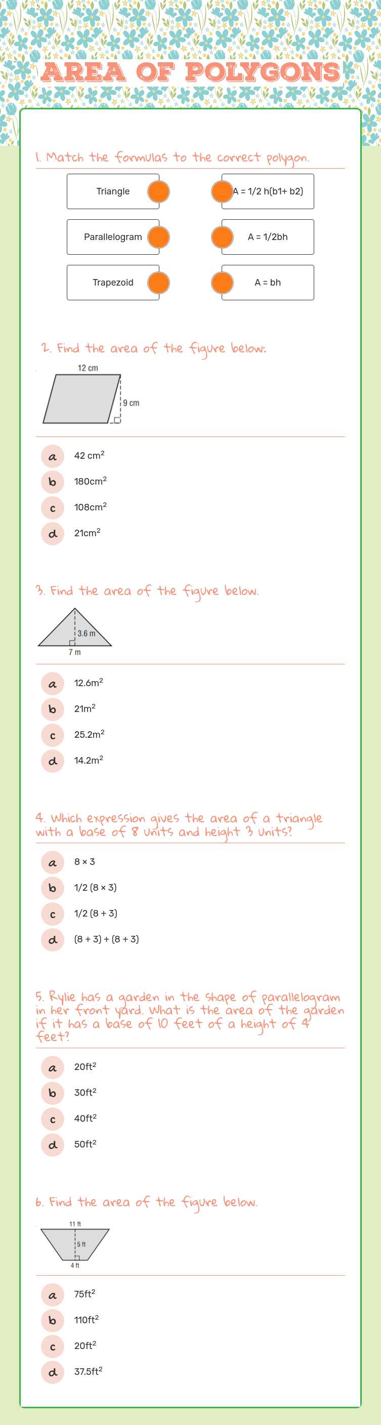 Area of Polygons Grade 6 worksheet preview