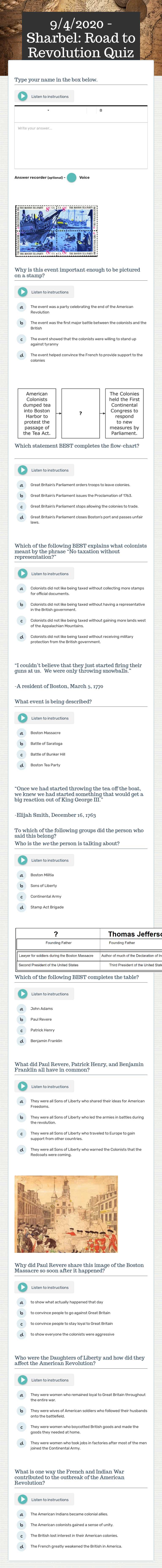 9/4/2020 - Sharbel: Road to Revolution Quiz Grade 4 worksheet preview