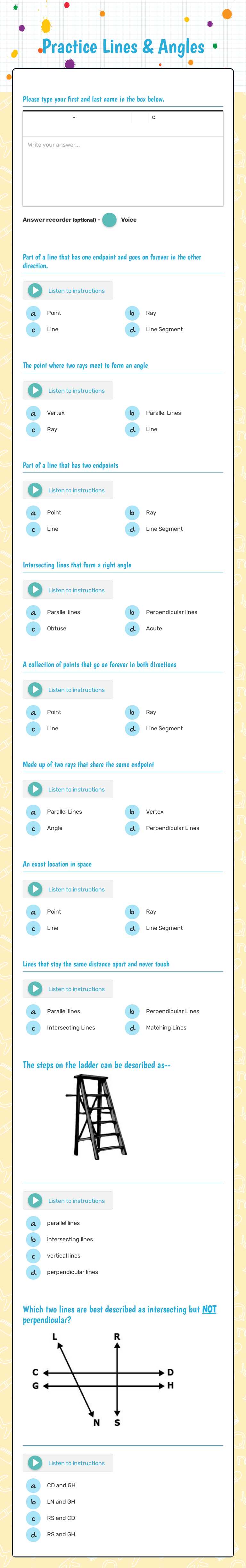 Practice Lines & Angles worksheet preview image