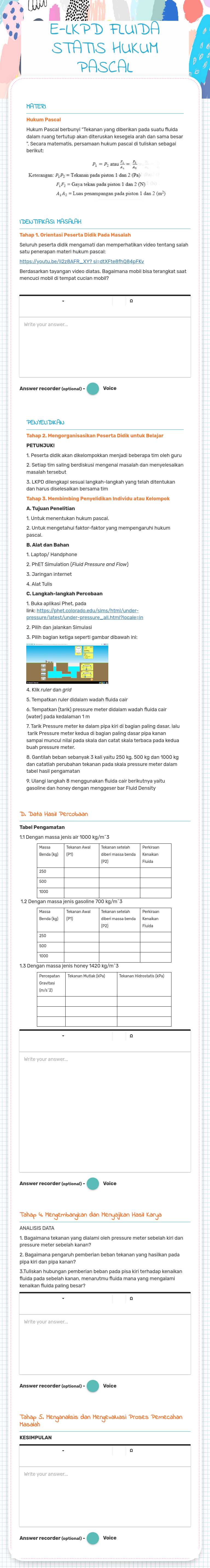E-LKPD FLUIDA STATIS HUKUM PASCAL worksheet preview image