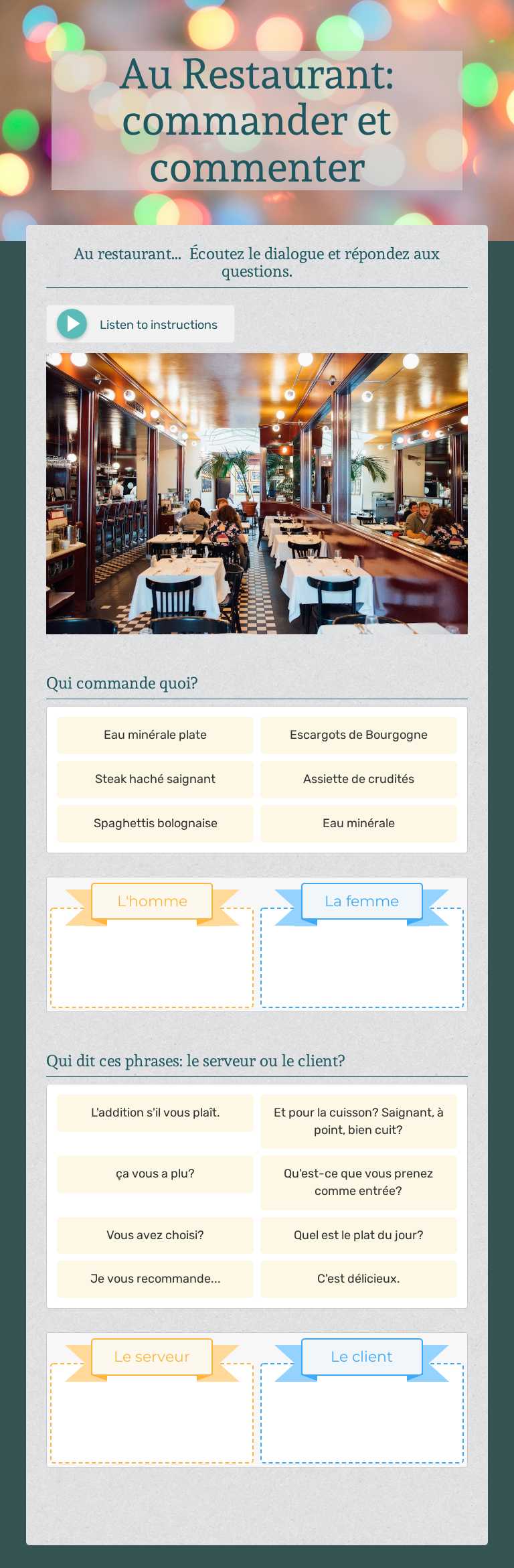 Au Restaurant: commander et commenter worksheet preview image