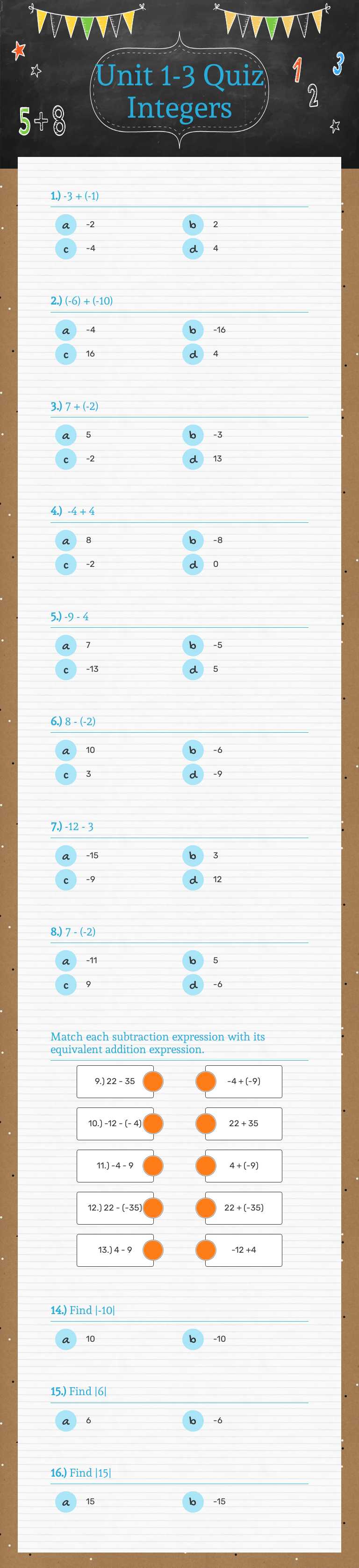 Unit 1-3 Quiz Integers worksheet preview image