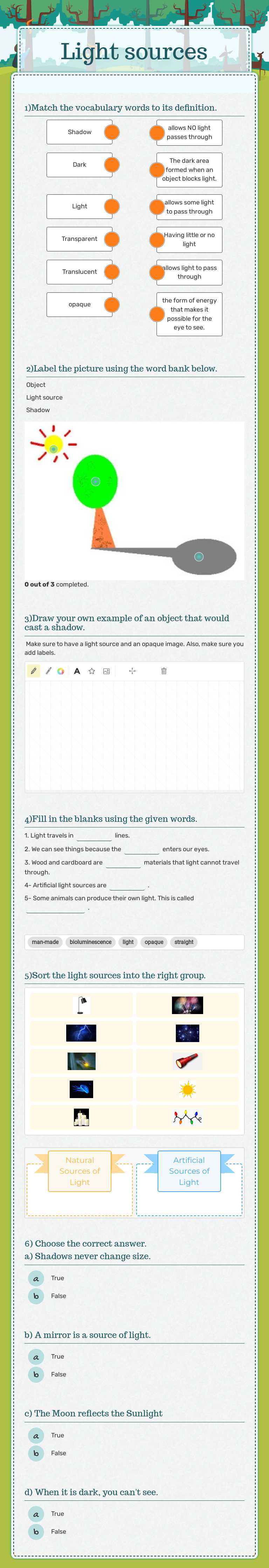 Light sources worksheet preview image