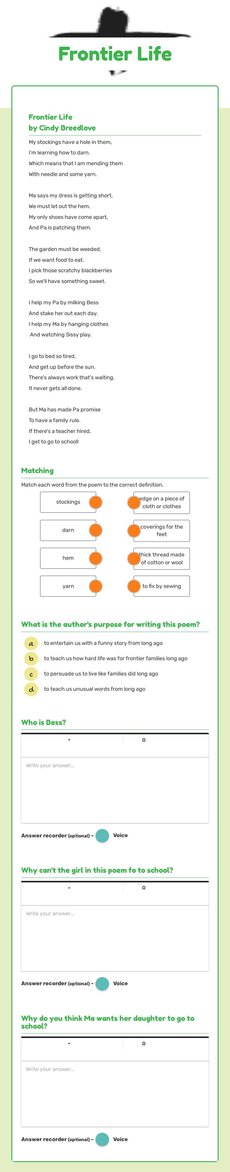 Frontier Life worksheet preview image