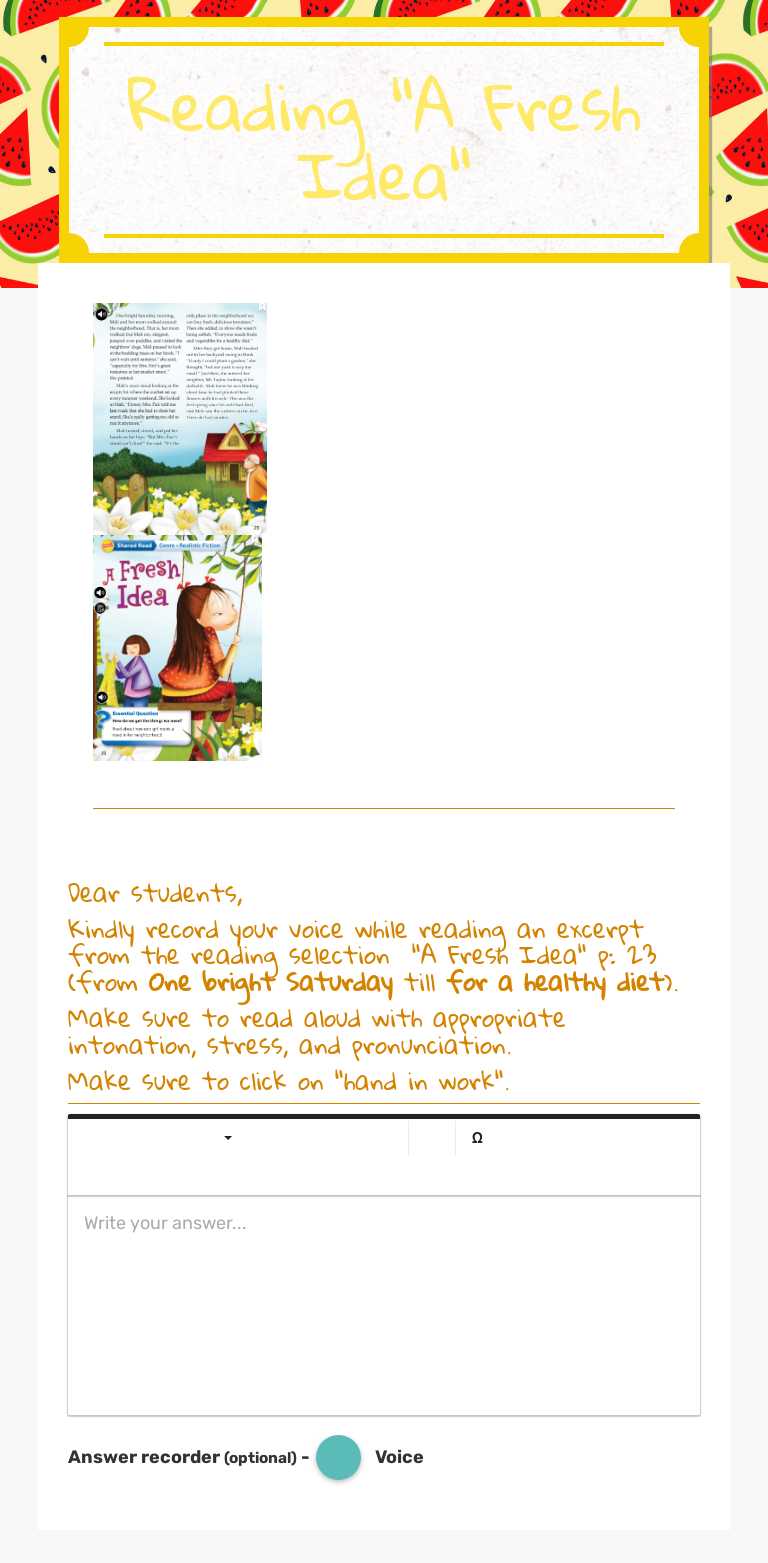 Reading 
"A Fresh Idea" worksheet preview image