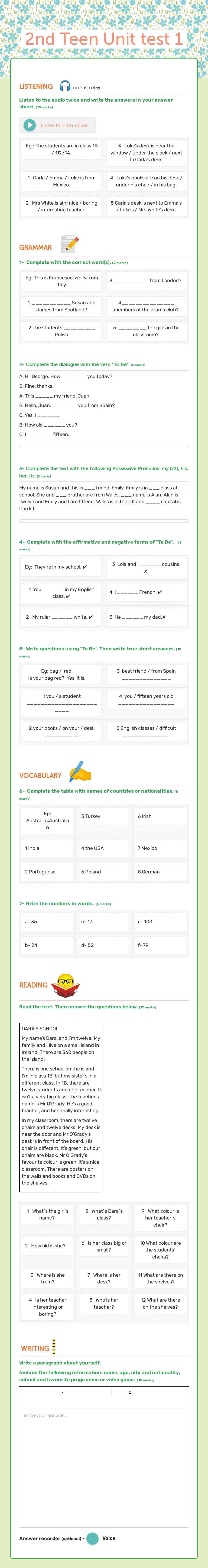 2nd Teen                Unit test 1 Grade 2 worksheet preview