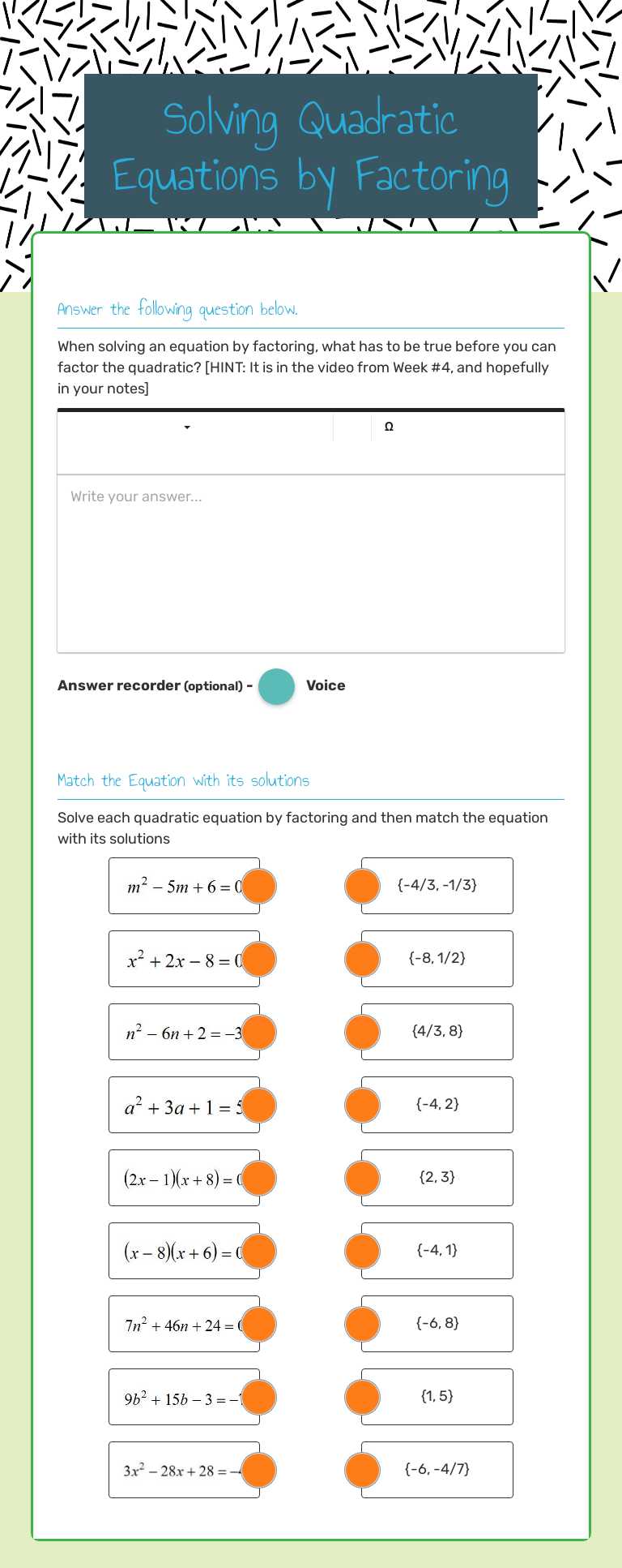Solving Quadratic Equations by Factoring Grade 8 worksheet preview