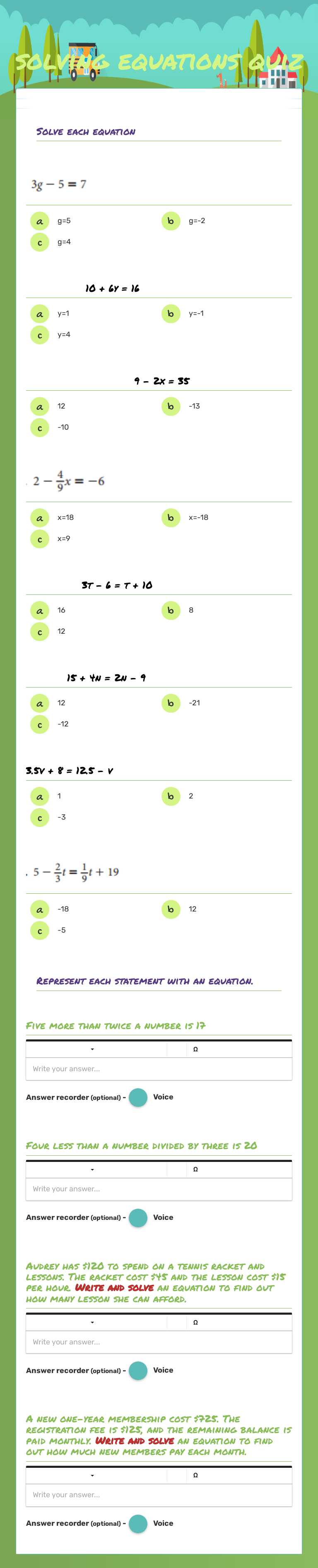 solving equations quiz worksheet preview image