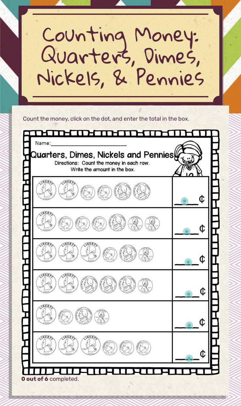 Counting Money:
Quarters, Dimes, Nickels, & Pennies Grade 1 worksheet preview