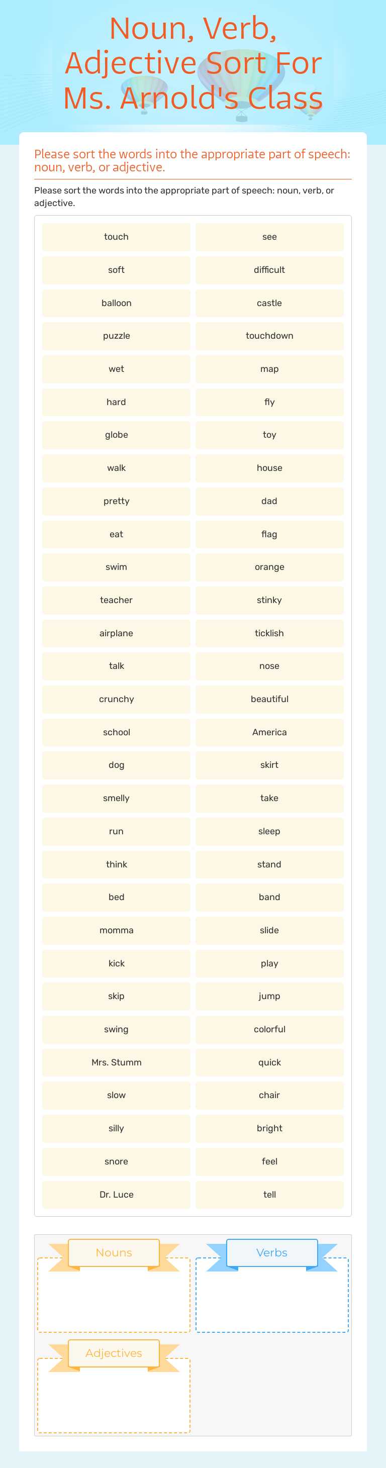 Noun, Verb, Adjective Sort For Ms. Arnold's Class worksheet preview image