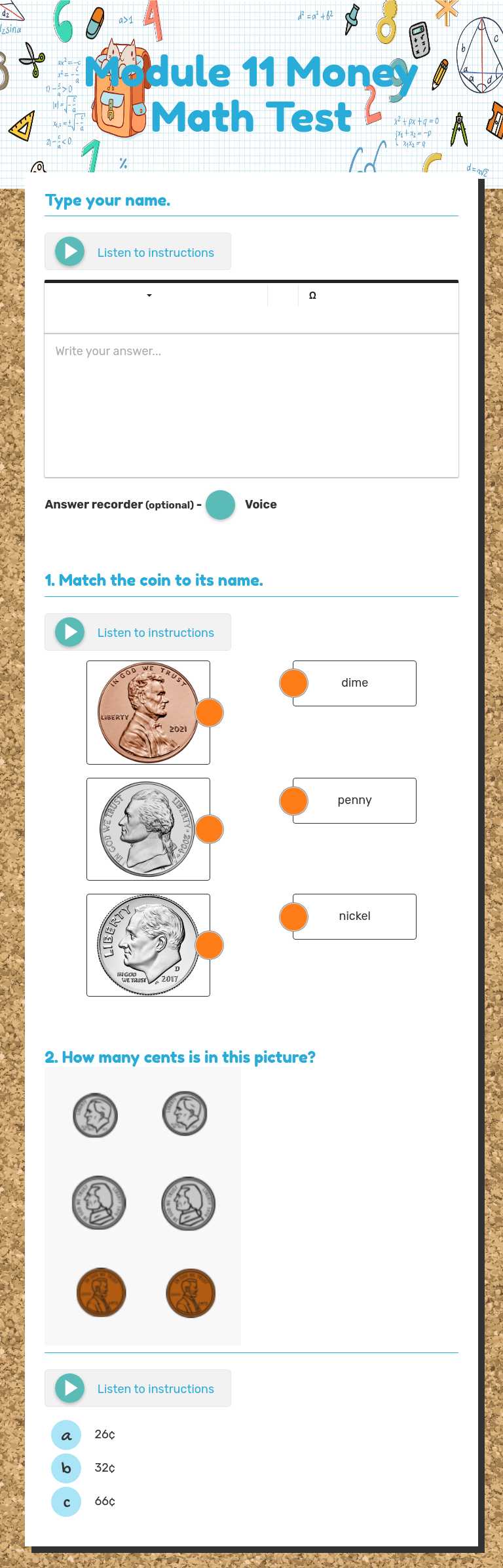 Module 11 Money Math Test worksheet preview image