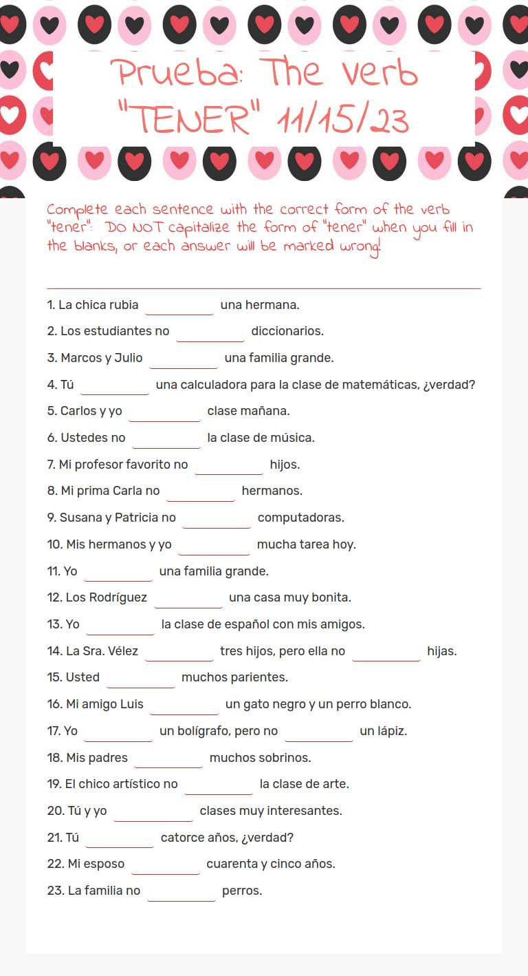Prueba: The Verb "TENER" 11/15/23 worksheet preview image