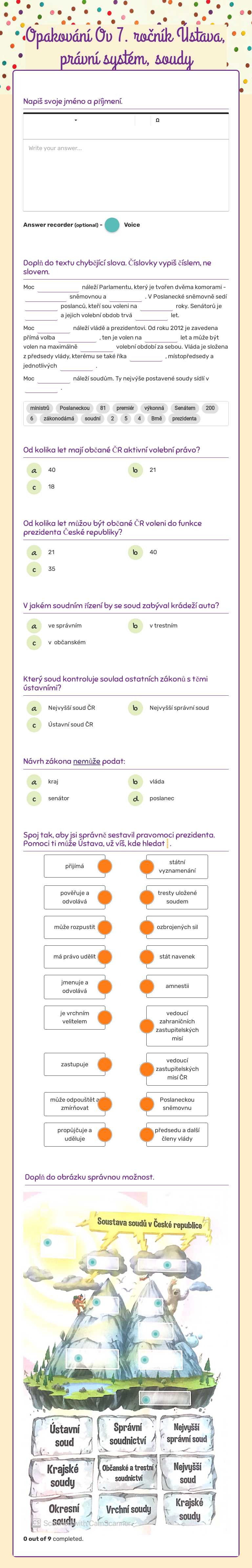 Opakování Ov 7. ročník Ústava, právní systém, soudy worksheet preview image