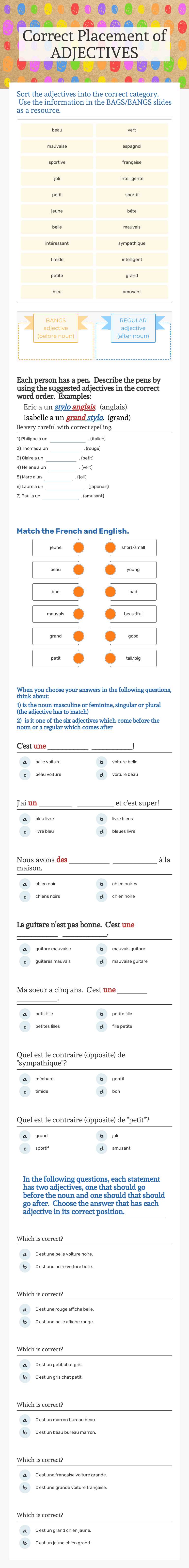 Correct Placement of ADJECTIVES worksheet preview image