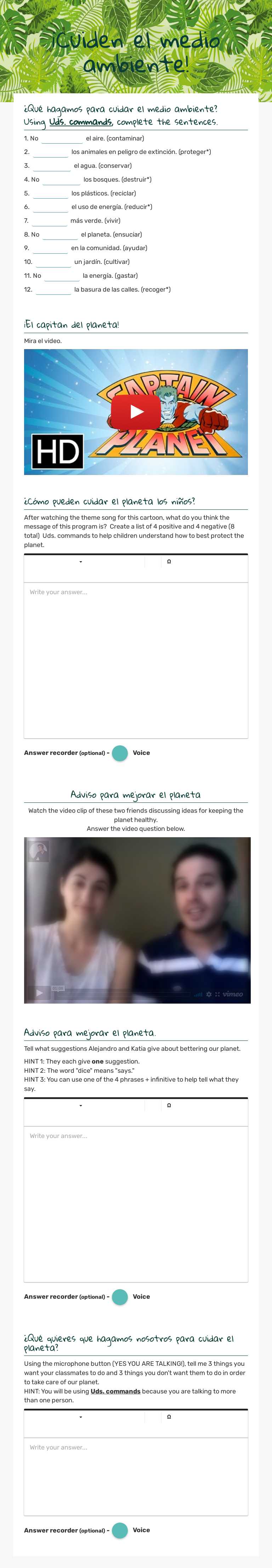 ¡Cuiden el medio ambiente! worksheet preview image