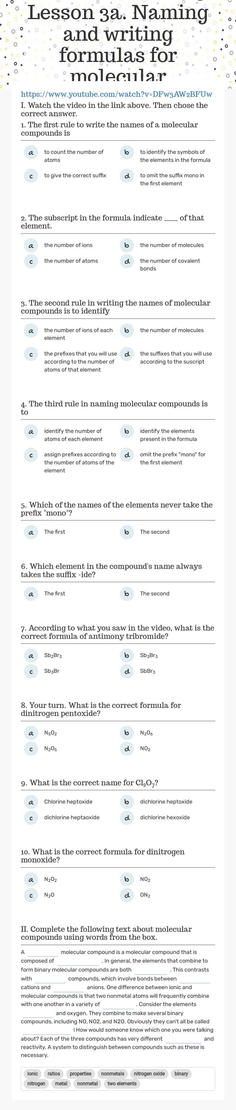 Interactive - Unit 3. Lesson 3a. Naming and writing formulas for molecular compounds worksheet preview image