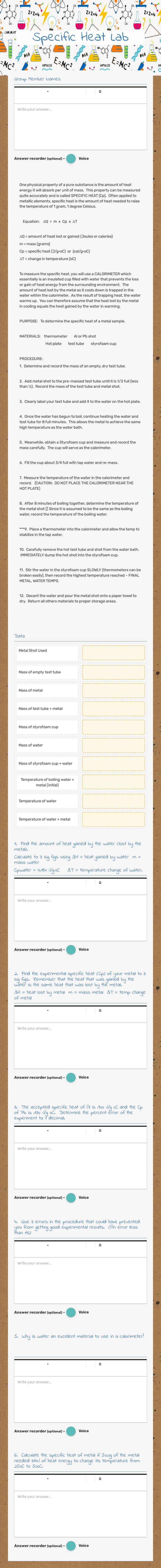 Specific Heat Lab Grade 10 worksheet preview