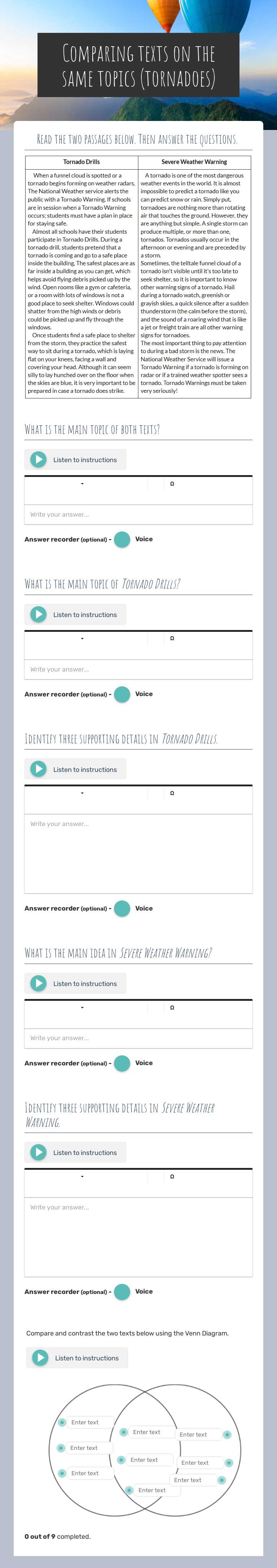 Comparing texts on the same topics (tornadoes) worksheet preview image