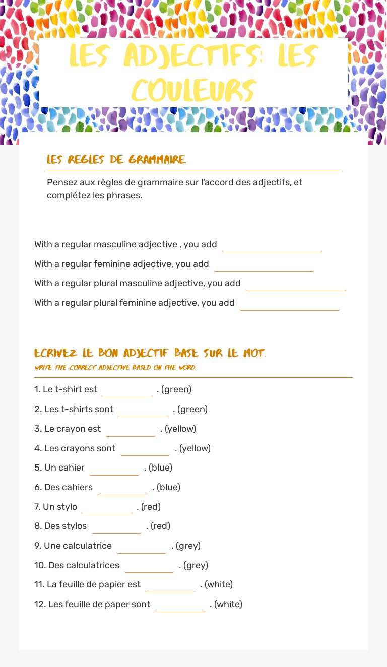 Les adjectifs: Les couleurs worksheet preview image
