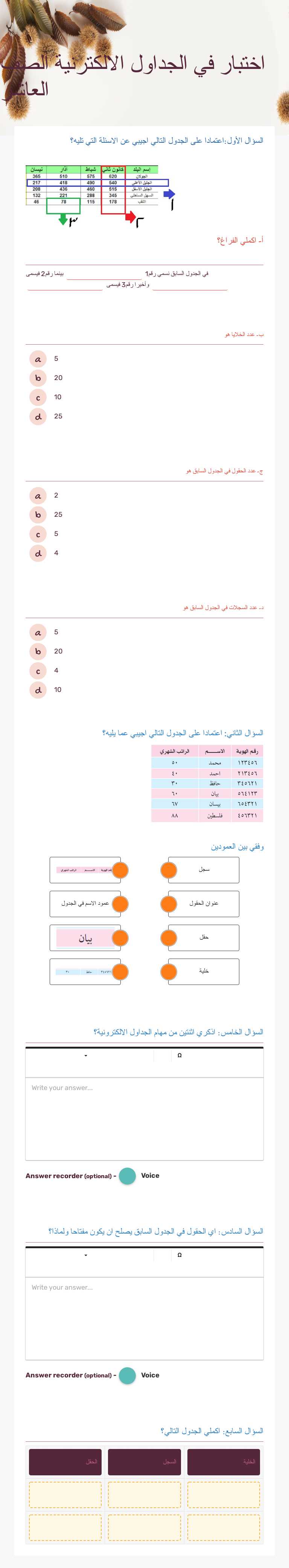 اختبار في الجداول الالكترنية الصف العاشر worksheet preview image