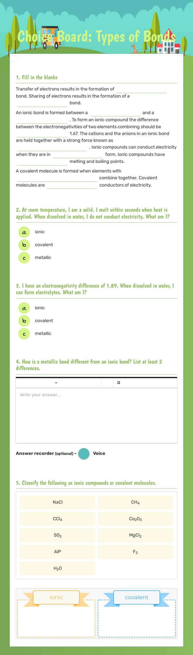 Choice Board: Types of Bonds worksheet preview image
