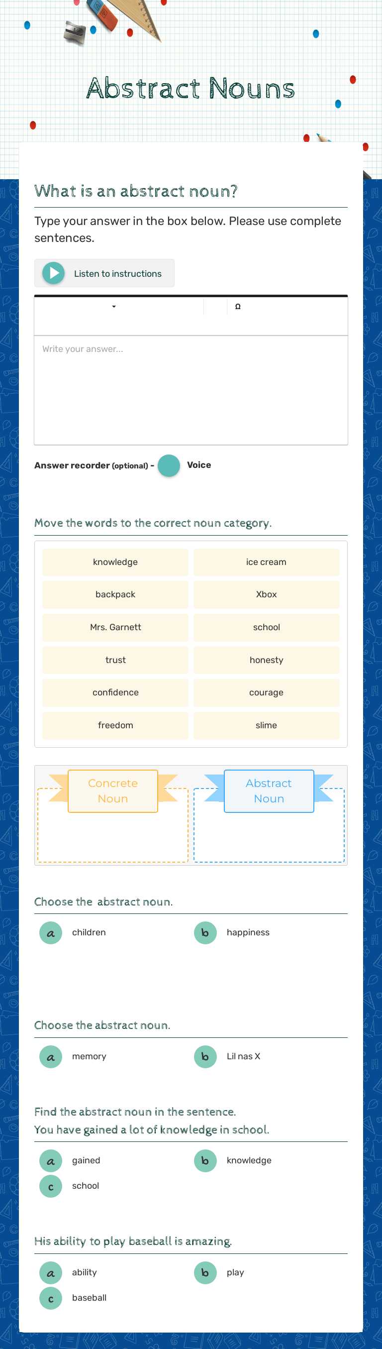 Abstract Nouns worksheet preview image
