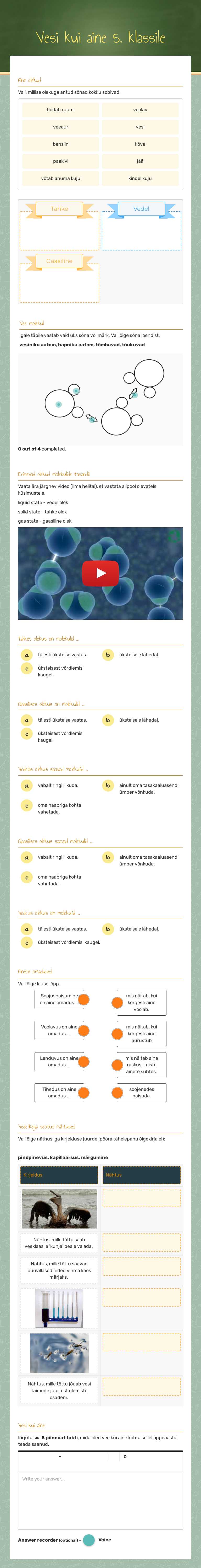 Vesi kui aine 5. klassile worksheet preview image