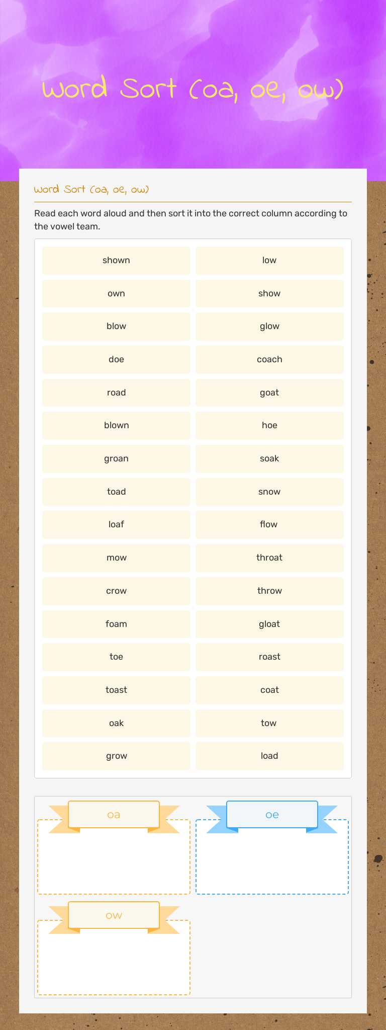 Word Sort (oa, oe, ow) worksheet preview image